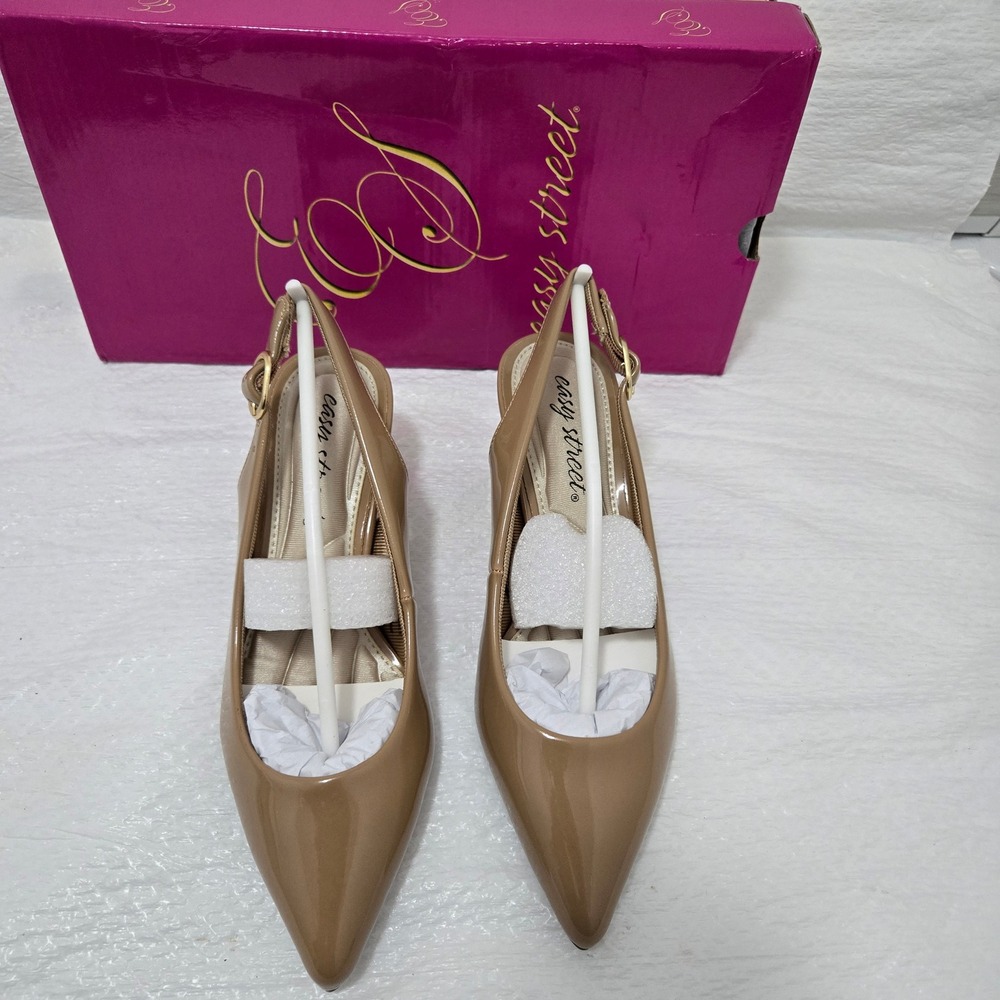 Easy Street Faye Nude Patent Slingback Pumps Pointed Toe Kitten Heel Shoes 5 M